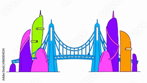 Brightly colored abstract buildings and a suspension bridge form a whimsical skyline