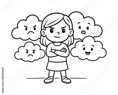 Woman and Cloud Obstacles. Defiant but calm children?s coloring book illustration, outlined drawing, woman crossing her arms with friendly cloud obstacles