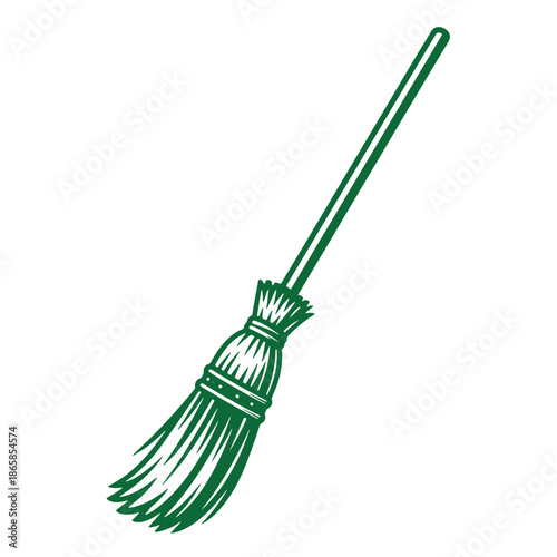 Green broom with long handle and bristles on transparent background for cleaning purposes