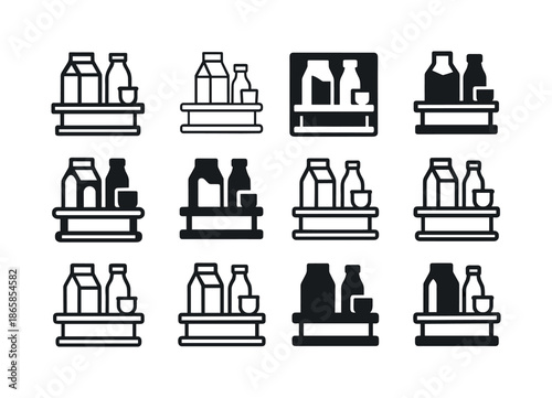 Fridge Shelf Icons. Organizing fridge shelves. Icon set. Set Logo of organizing fridge shelves: dairy section icon. harmonious logo variations of the same