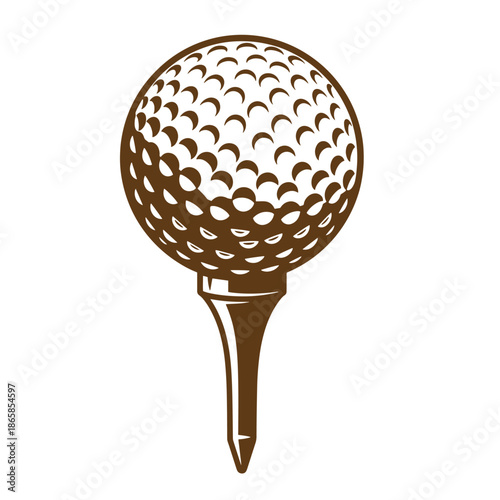 Vintage golf ball on a tee for playing golf outdoors on a course for recreation and sports