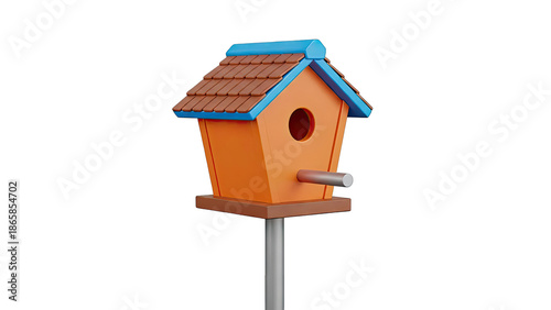 Orange Birdhouse with Blue Trim and Perch
