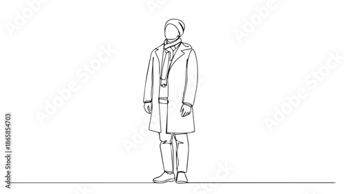 Man in winter coat and scarf wearing hat, white background, vector illustration