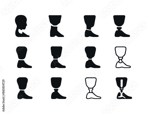 Prosthetic Icons Collection. Daily life with prosthetics. Icon set. Set Logo of Daily life with prosthetics: socket interface. harmonious logo variations of