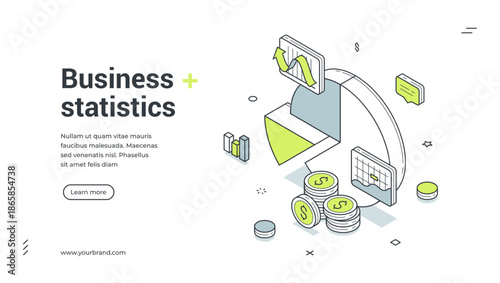 Business statistic financial analyzing isometric web banner design template vector illustration. Commercial finance efficiency productivity analysis strategy development profit investment optimization