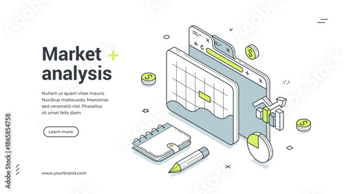Market economic financial analysis isometric web banner design template vector illustration. Business finance productivity efficiency optimization strategy development commercial graph diagram control