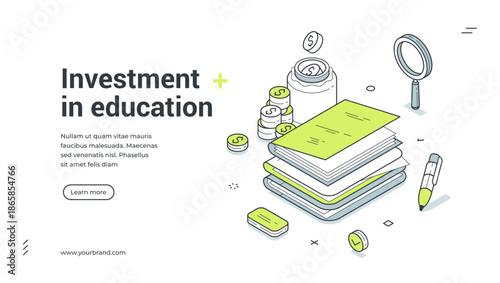Investment in education scholarship money isometric web banner design template vector illustration. Studying loan paying for knowledge student financial savings graduation debt planning