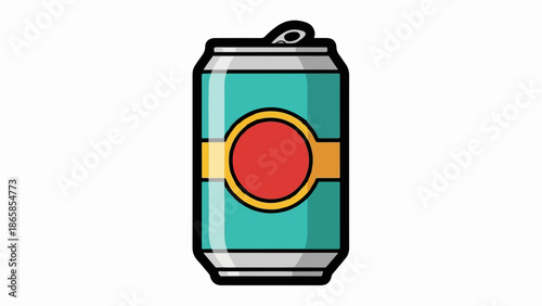 A stylized illustration of a teal beverage can with a red and yellow circular label