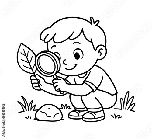 Discovering Nature Coloring Page. Nature discovery children?s coloring book illustration, outlined drawing, child examining a leaf and rock with a simple