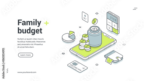 Family budget balance accounting analyzing mobile app isometric web banner design template vector illustration. Financial banking money card earnings expenses optimization analysis management