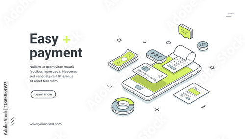 Easy payment mobile banking financial app isometric web banner design template vector illustration. Online shopping cashless wireless paying bank finance currency transaction digital technology