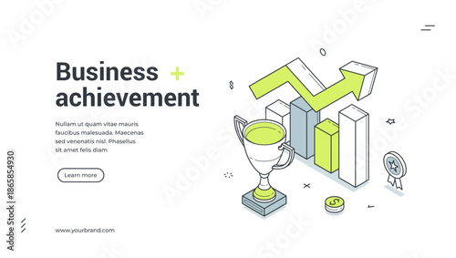 Business achievement best award analyzing isometric web banner design template vector illustration. Financial success productivity efficiency optimization control dynamic graph diagram analysis