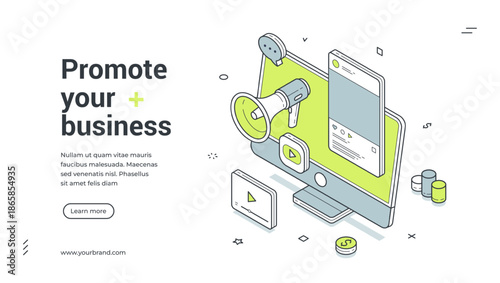 Promote your business social media marketing isometric web banner design template vector illustration. Announcement internet advertising product project megaphone network promotion campaign