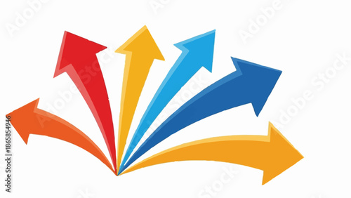 Abstract graphic featuring a fan of colorful arrows pointing upwards and outwards
