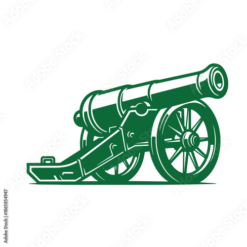 Green cannon illustration with wheels and barrel on white background  military historical weapon
