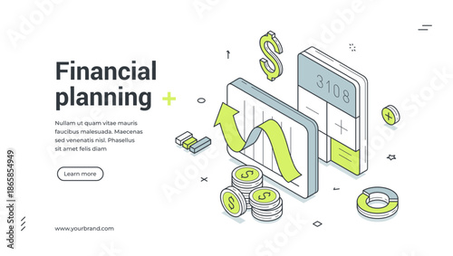 Financial planning accounting analyzing isometric web banner design template vector illustration. Business finance bookkeeping analysis profit dynamic diagram strategy development optimization