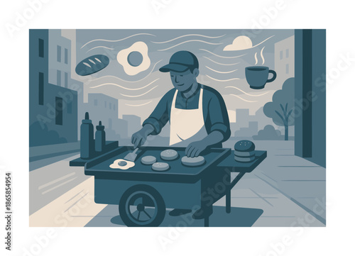 Morning Griddle Delights. Street breakfast scene. Vendor preparing eggs and buns on a small griddle; early morning light and floating breakfast icons. Soft