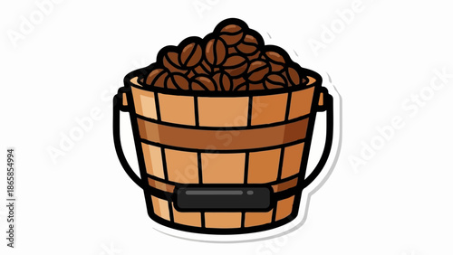 A wooden bucket overflows with roasted coffee beans, a wholesome harvest