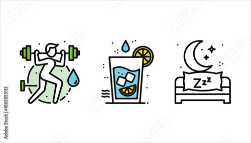 Three icons representing a healthy lifestyle: exercise, hydration, and sleep for overall well-being.