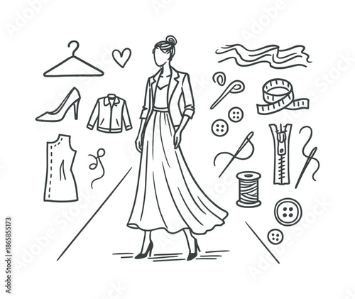Fashion Sketch Elements. Fashion figure sketch. Hand-drawn doodle illustration fashion figure sketch croquis figure, long dress, jacket, high heel shoe,