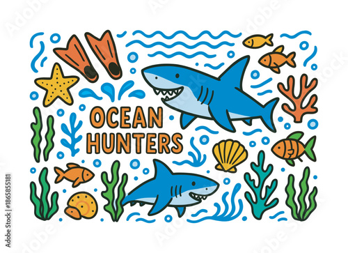 Underwater Adventure Doodles. Ocean Hunters. Colorful Hand-drawn doodle Children illustration shark, fins, waves, bubbles, fish, coral, shells, seaweed,