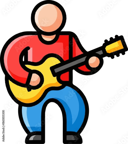 A simple icon of a person playing a guitar, depicted in a cartoonish style