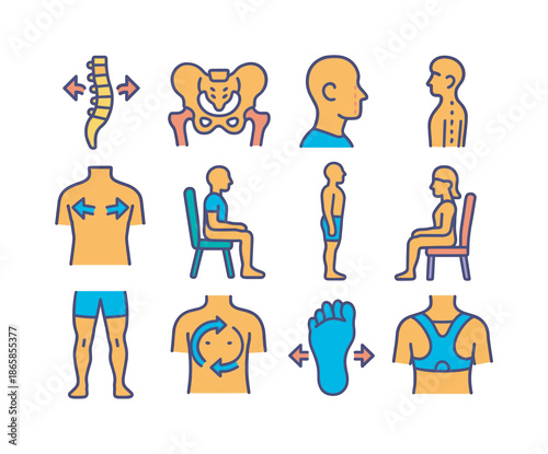 Posture Alignment Icons. Postural alignment. Colorful isometric vector icons set of postural alignment: neutral spine, balanced pelvis, aligned head position,