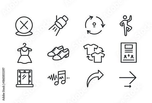 Performance Rehearsal Icons. Performance Rehearsal. Line icon set of Performance Rehearsal: stage marker icon, spotlight cue, full run-through symbol, final