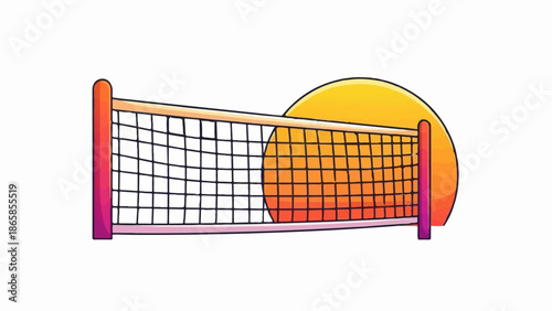 A stylized illustration of a volleyball net with a sunset in the background