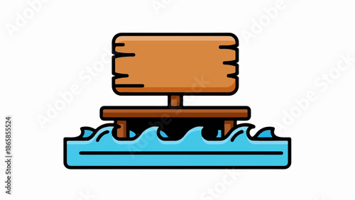 A wooden signpost rests on a dock amidst choppy blue water
