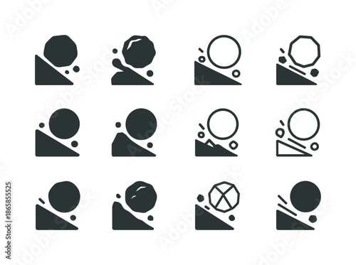 Rolling Hill Logos. Rolling down the hill. Icon set. Set Logo of rolling down the hill: tumbling rock. harmonious logo variations of the same emblematic
