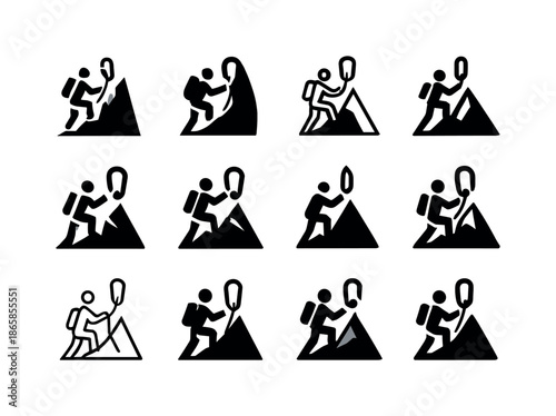 Mountain Hiking Logos. Hiking up a mountain. Icon set. Set Logo of hiking up a mountain: rope and carabiner ascent symbol. harmonious logo variations of the