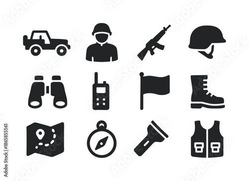 Military Patrol Icons. Military Patrol. Solid icon set of military patrol: jeep, soldier, rifle, helmet, binoculars, radio, flag, boots, map,
