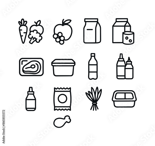 Fridge Food Icons. Food categories in fridge. Line icon set of Food categories in fridge: vegetables icon, fruits icon, dairy icon, meat package, leftovers