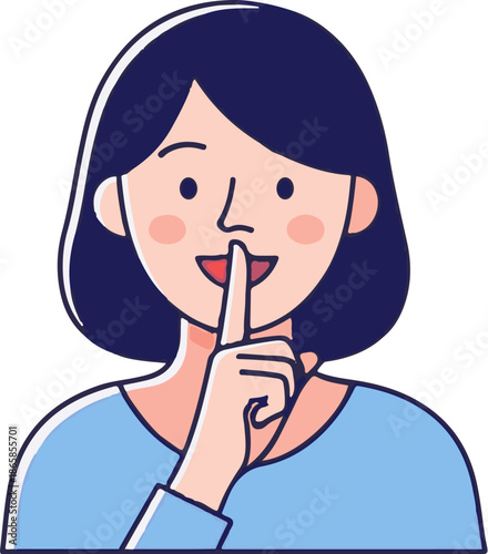 A stylized illustration of a woman with dark hair, a blue shirt, and rosy cheeks, holding a finger to her lips in a 'shushing' gesture