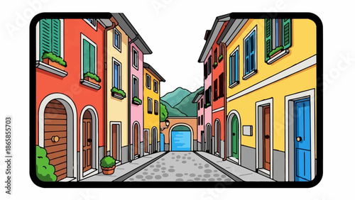 A vibrant, cartoonish Italian street with colorful buildings, a cobbled road, and distant mountains