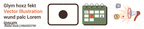 Business strategy, marketing, event planning, advertisement, social media, campaign management. Icons of calendar, camera symbol and loudspeaker with money. Business strategy and marketing visual