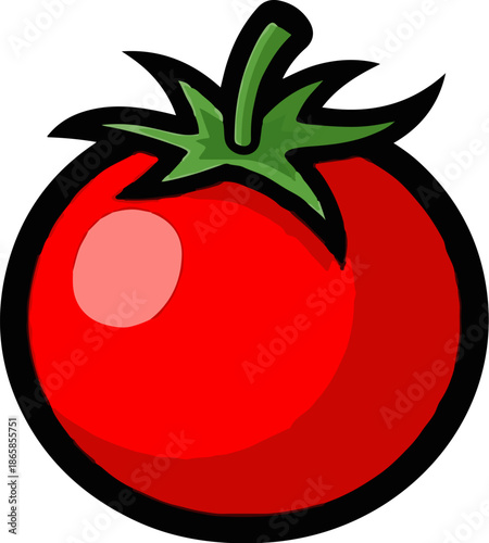 A vibrant, cartoonish red tomato with a green stem and leaves, highlighted with shading