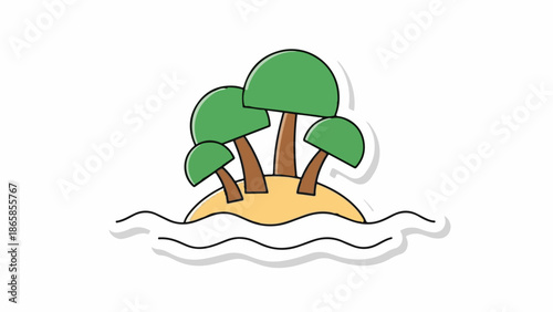 A simple illustration of a small island with four stylized trees and wavy water