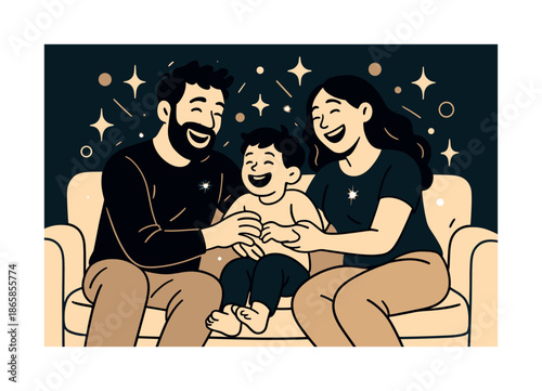 Family Cuddle Fun. Playful cuddle time. Parents and child laughing together on a soft couch; sparkles and circles surrounding them. Light bounces showing