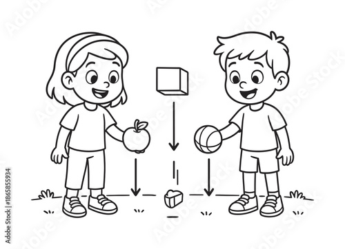 Gravity Experiment Coloring Page. Simple gravity experiment children?s coloring book illustration, outlined drawing, cartoon kids dropping different objects