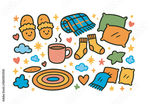 Cozy Evening Doodles. Comfy Home Evening. Colorful Hand-drawn doodle Children illustration fuzzy slippers, blanket, warm drink, socks, pillows, hearts, stars,