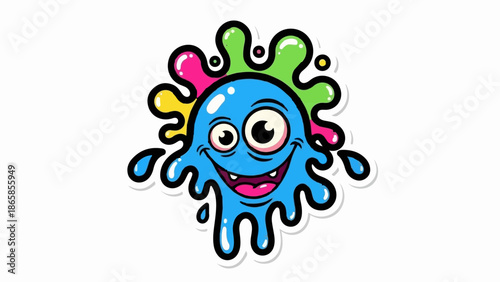 A whimsical blue blob monster with big eyes, a wide grin, and colorful splashes