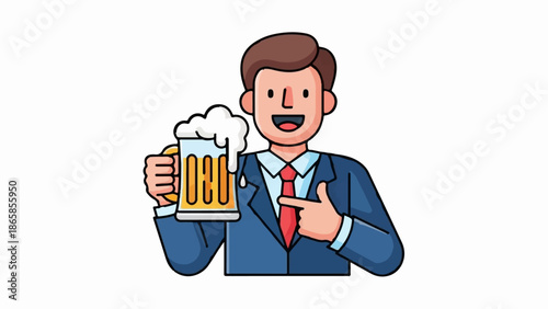 Businessman happily points to a frothy beer mug