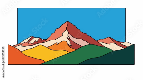 Abstract mountains with a blue sky and colorful rolling hills