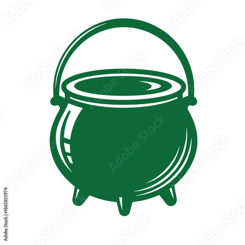 Green cauldron with handle and three legs on white background