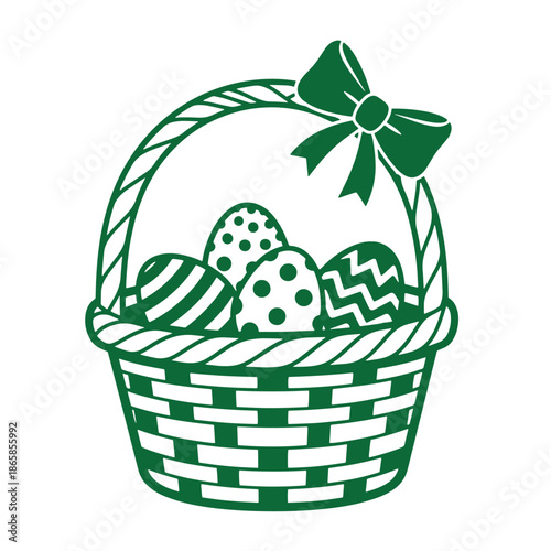 Green Easter basket with decorated eggs  holiday symbol with bow and handle
