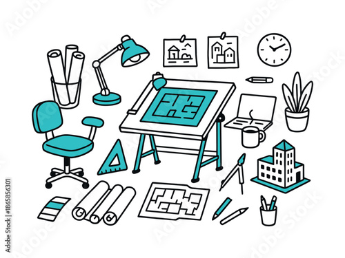 Creative Architecture Studio. Architecture studio. Hand-drawn doodle illustration architecture studio [drafting table (accented), architect chair, desk lamp