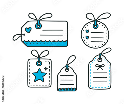 Hand-Drawn Gift Tags. Gift Tags. Hand-drawn doodle illustration Gift Tags tag shapes (accented #03b496), twine loop, hole reinforcer (accented #03b496), tiny