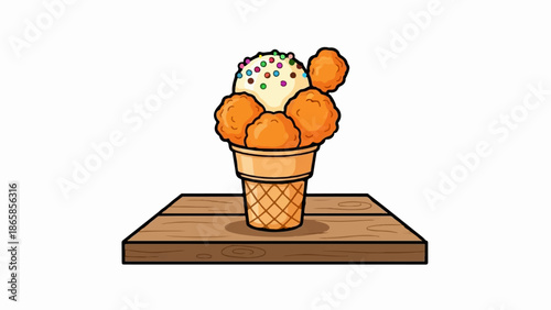 A whimsical ice cream cone is filled with chicken nuggets and colorful sprinkles on a wooden surface
